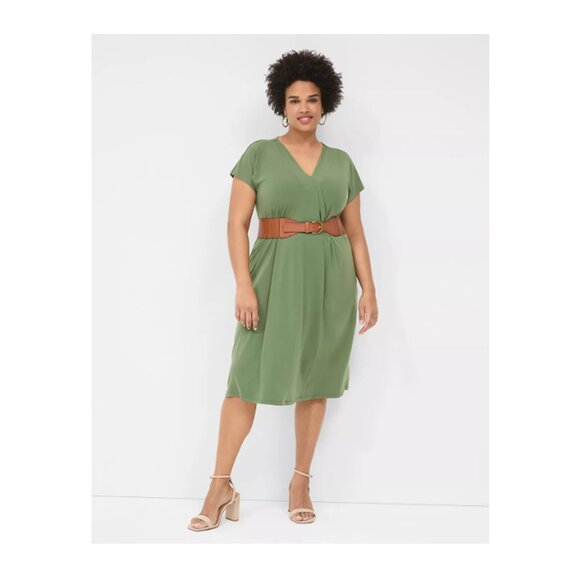 LANE BRYANT UEC Size 18/20 V-Neck Pleat-Front Jersey Midi Dress Green - Picture 4 of 13